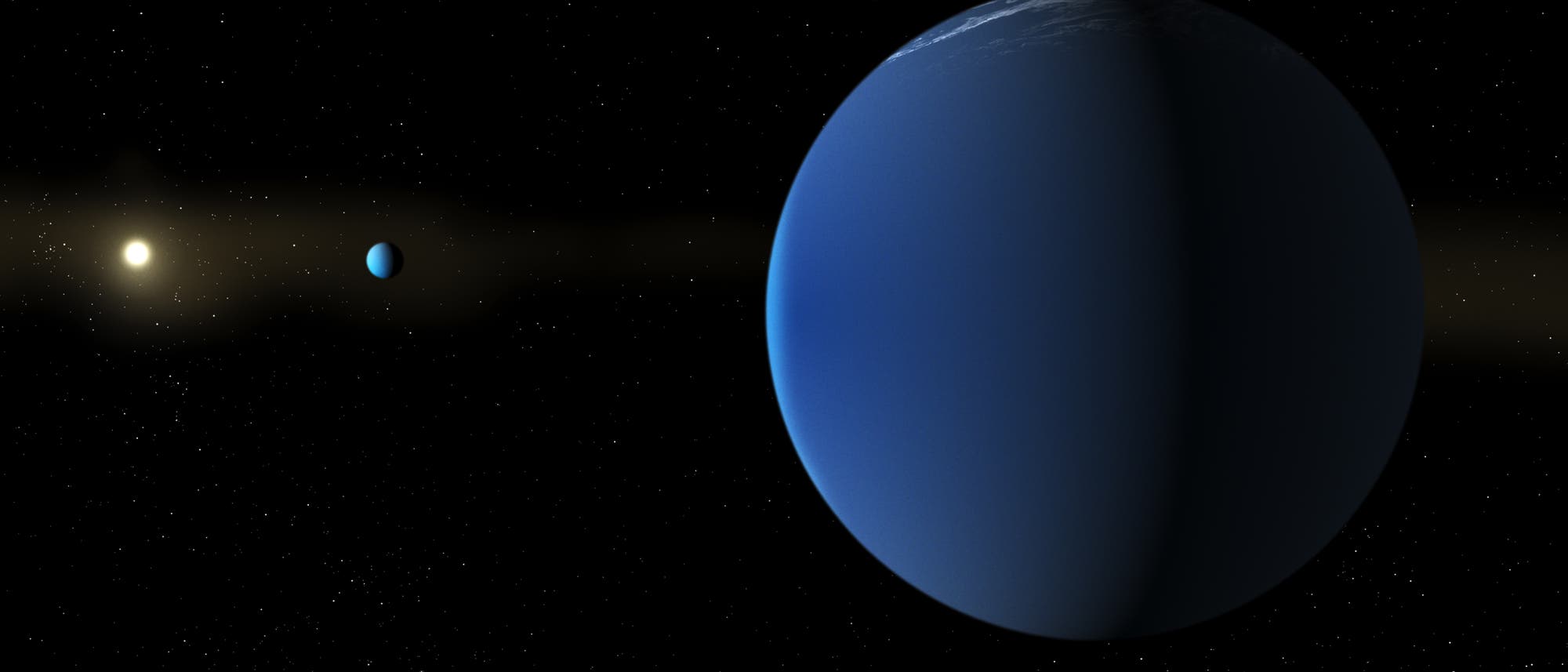 Illustration eines Sonnensystems mit drei Himmelsk&ouml;rpern. Links ist eine helle Sonne zu sehen, daneben ein kleinerer blauer Planet. Rechts dominiert ein gro&szlig;er blauer Planet das Bild. Der Hintergrund zeigt einen sternen&uuml;bers&auml;ten Weltraum. Die Darstellung vermittelt die Gr&ouml;&szlig;enverh&auml;ltnisse und die r&auml;umliche Anordnung der Planeten um die Sonne.