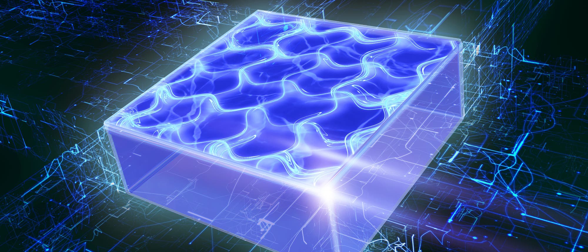 Eine 3-D-Darstellung eines leuchtenden, transparenten Würfels mit wellenförmigen Mustern auf der Oberfläche. Der Würfel ist in ein Netzwerk aus blauen, leuchtenden Linien eingebettet, die sich in verschiedene Richtungen erstrecken. Die Szene vermittelt ein futuristisches, technologisches Thema.