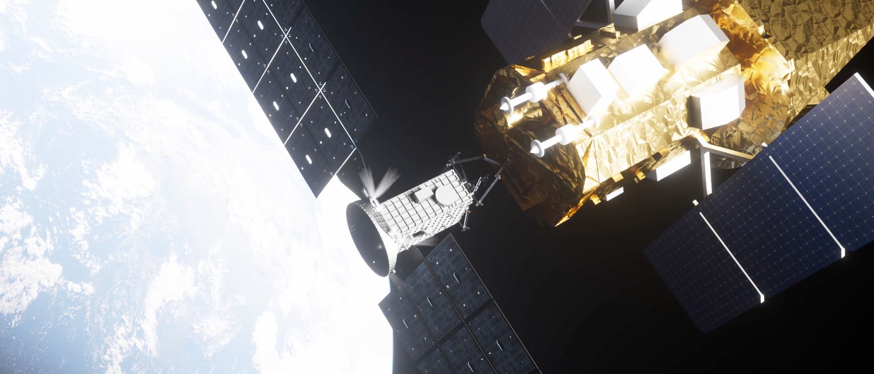 3D-Darstellung zweier Satelliten im Weltraum. Der rechte Satellit hat eine goldene, reflektierende Oberfläche und ist mit mehreren rechteckigen Solarpaneelen ausgestattet. Diese Paneele sind dunkelblau und befinden sich an den Seiten des Satelliten. Der Linke ist deutlich kleiner. Die Szene ist vor der Erde dargestellt. 3D-Darstellung zweier Satelliten im Weltraum. Der rechte Satellit hat eine goldene, reflektierende Oberfläche und ist mit mehreren rechteckigen Solarpaneelen ausgestattet. Diese Paneele sind dunkelblau und befinden sich an den Seiten des Satelliten. Der Linke ist deutlich kleiner. Die Szene ist vor der Erde dargestellt.