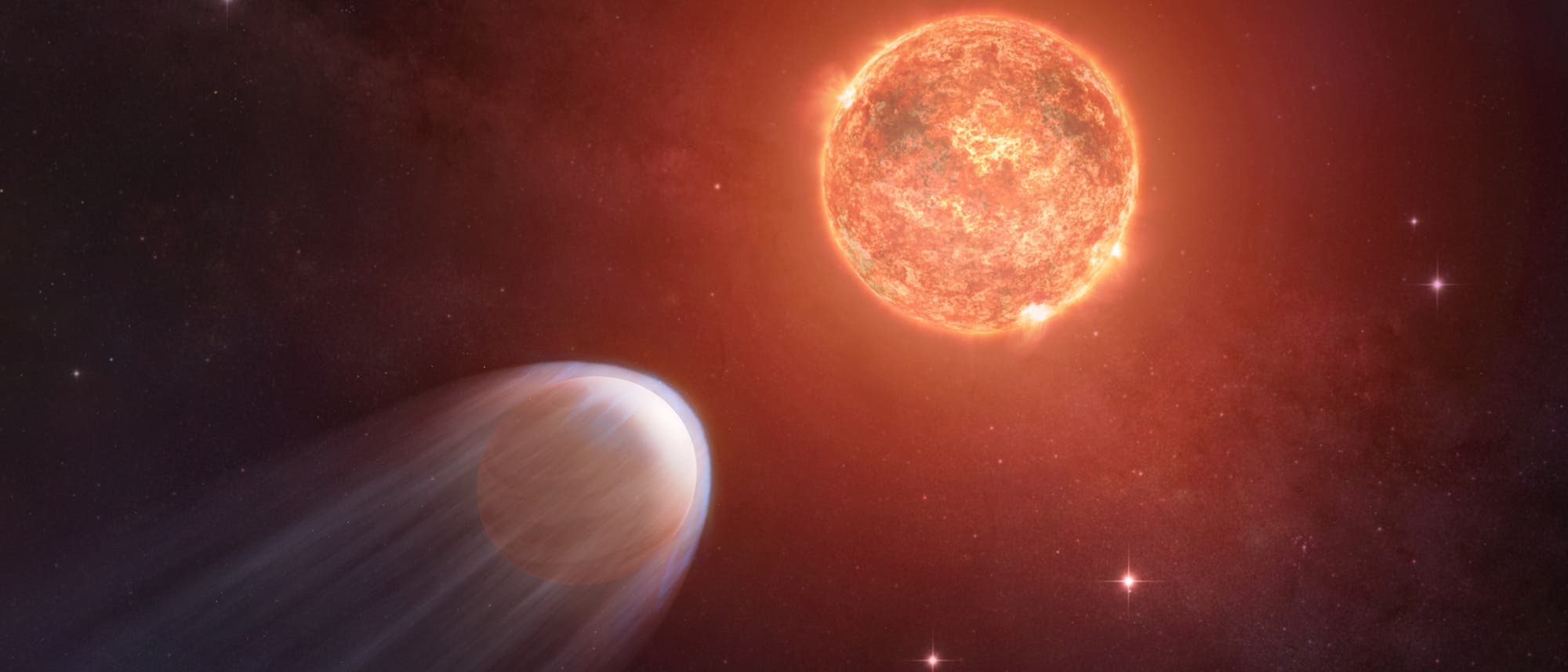 Ein glühender "roter Zwerg" Stern im Weltraum, umgeben von einem dunklen Hintergrund mit wenigen Sternen. Links unten ist ein kleiner Planet; er hat die Bezeichnung TOI 1227 b und kreist sehr nahe um seinen Stern, dessen Röntgenstrahlung die Atmosphäre des kleinen Planeten wegbläst. Ein glühender "roter Zwerg" Stern im Weltraum, umgeben von einem dunklen Hintergrund mit wenigen Sternen. Links unten ist ein kleiner Planet; er hat die Bezeichnung TOI 1227 b und kreist sehr nahe um seinen Stern, dessen Röntgenstrahlung die Atmosphäre des kleinen Planeten wegbläst.