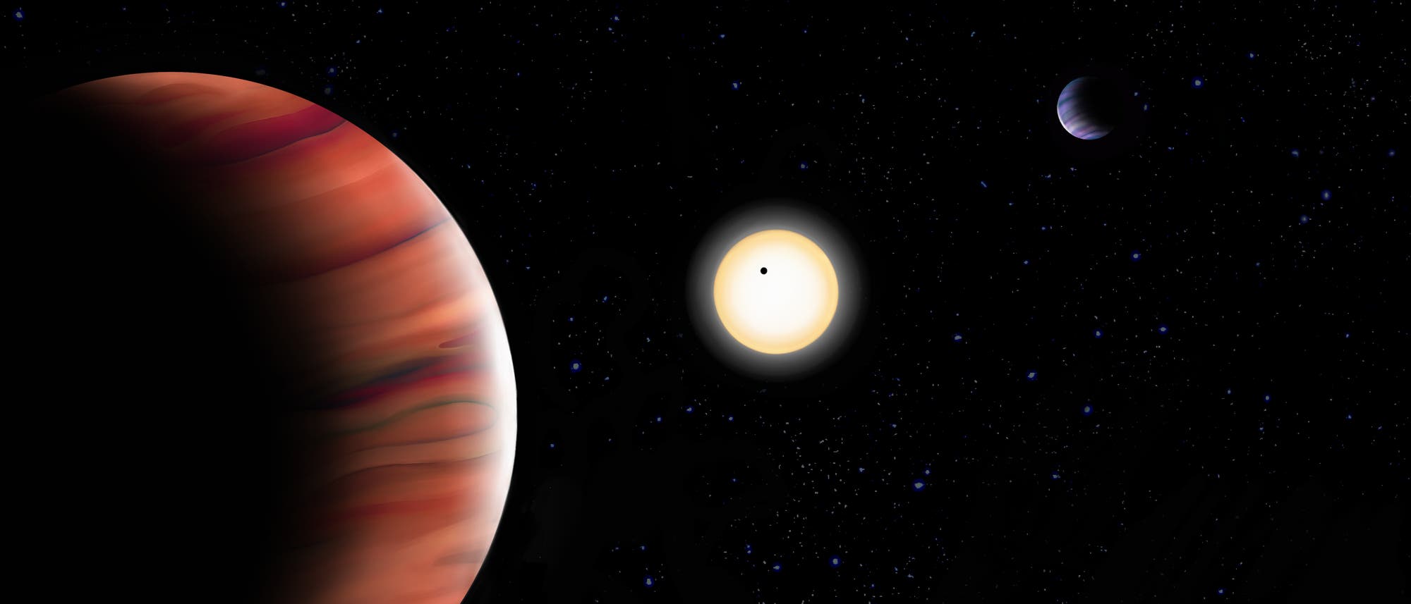 Ilustración de una escena astronómica con un gran gigante gaseoso de color marrón rojizo en primer plano a la izquierda, una estrella brillante en el centro y un planeta azulado más pequeño a la derecha. La estrella tiene un pequeño punto negro que representa un tránsito. El fondo muestra un espacio repleto de estrellas. Palabras clave: gigante gaseoso, estrella, tránsito, planeta, espacio.