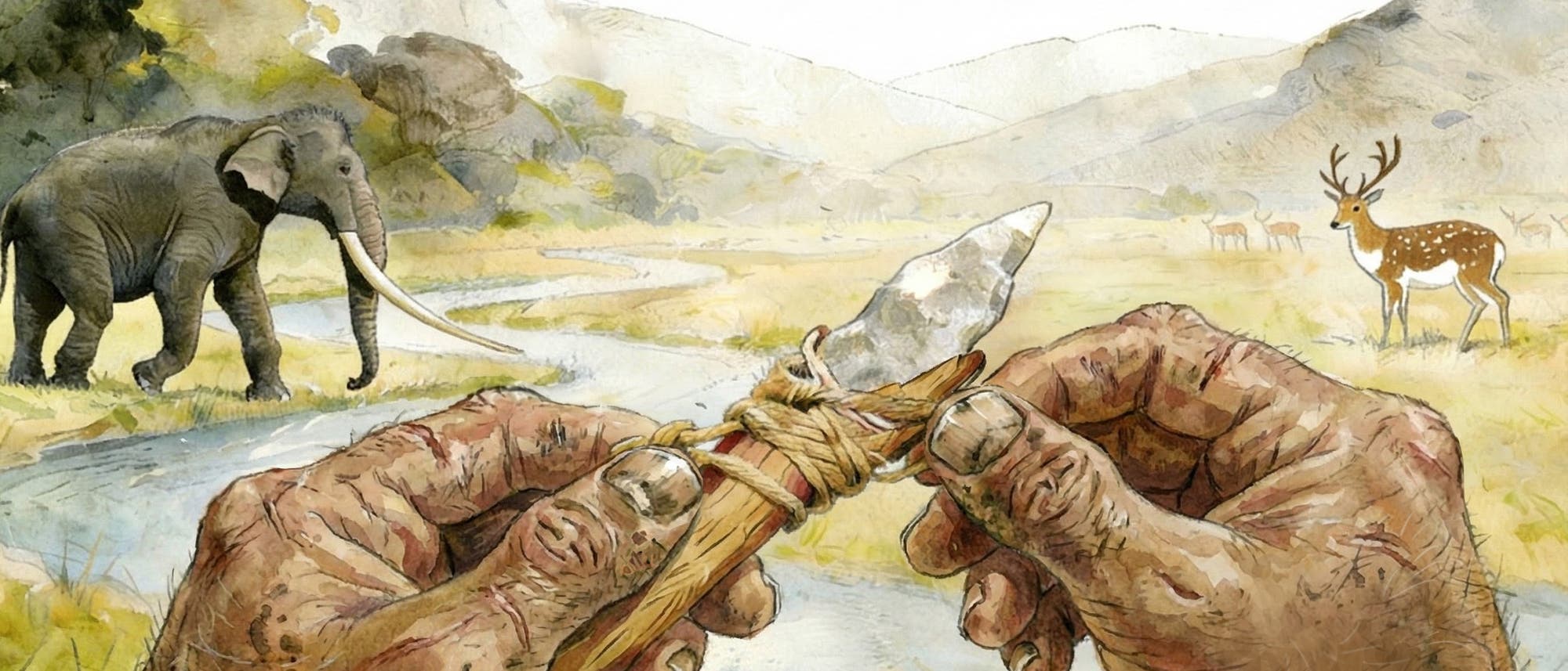 Eine k&uuml;nstlerische Illustration zeigt eine pr&auml;historische Szene in einer nat&uuml;rlichen Landschaft. Im Vordergrund sind zwei H&auml;nde zu sehen, die einen primitiven Speer mit einer steinernen Spitze halten. Im Hintergrund befindet sich ein Fluss, an dessen Ufer ein Elefant mit langen Sto&szlig;z&auml;hnen steht. Auf der rechten Seite ist ein Hirsch zu sehen, der aufmerksam in die Richtung der H&auml;nde blickt. Die Szene vermittelt ein Gef&uuml;hl von Jagd und &Uuml;berleben in der Wildnis.