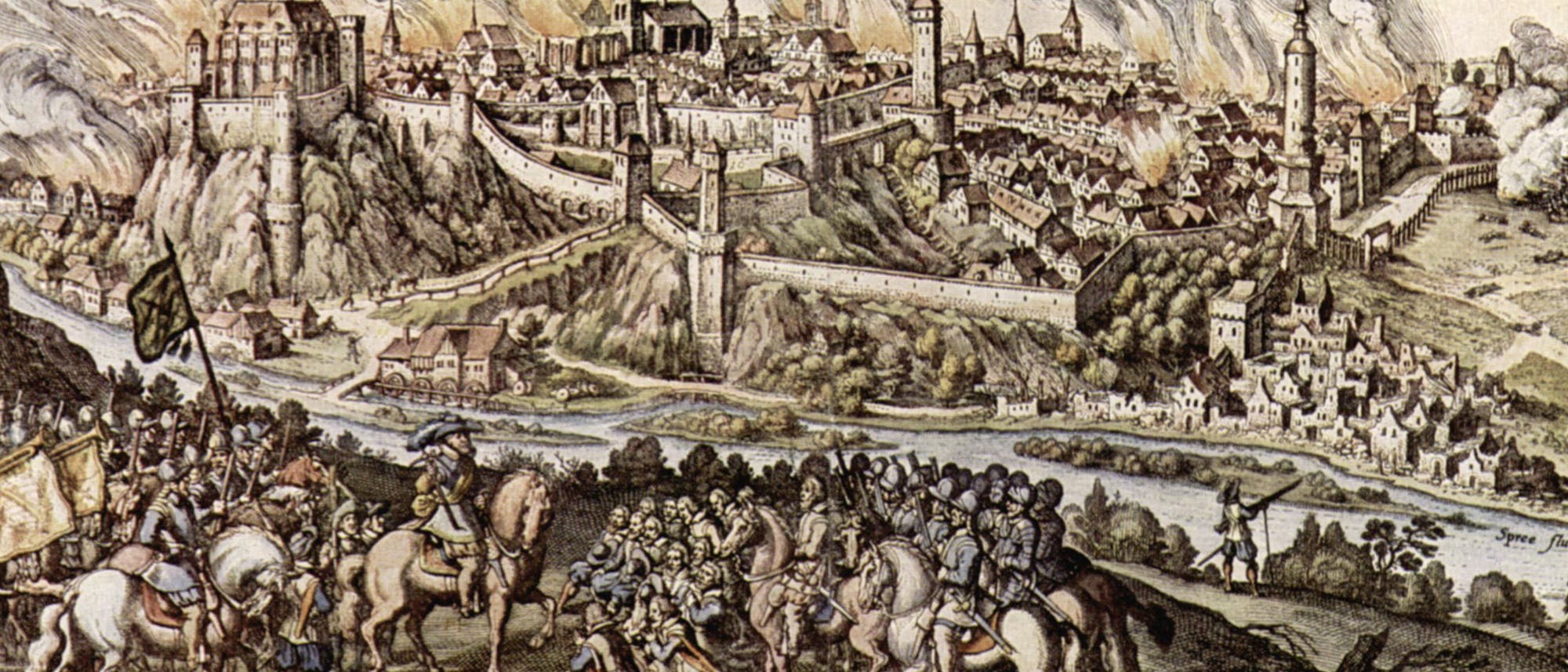 Es ist die historische Schlacht um die Belagerung von Bautzen im Dreißigjährigen Krieg zu sehen.