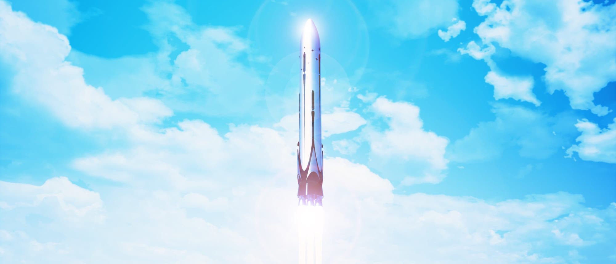 Eine Rakete startet in den blauen Himmel, umgeben von weißen Wolken. Die Rakete strahlt helles Licht aus ihrem Antrieb aus, während sie aufsteigt. Keine Menschen sind sichtbar. Das Bild vermittelt ein Gefühl von Fortschritt und Technologie.