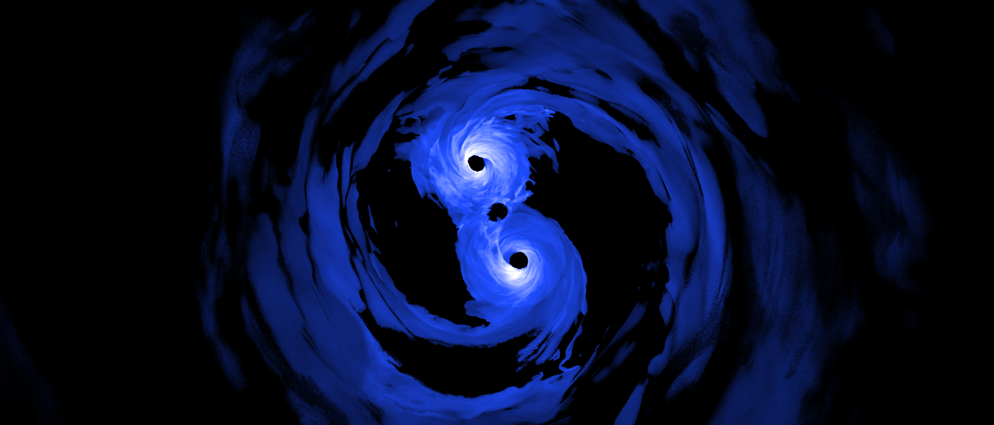 Simulation von zwei sich immer enger umkreisenden Schwarzen Löchern.
