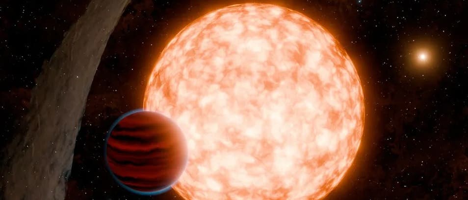 Jupiterähnlicher Exoplanet um den Stern TIDYE-1 (Illustration) mit Staubscheibe und Begleitstern.