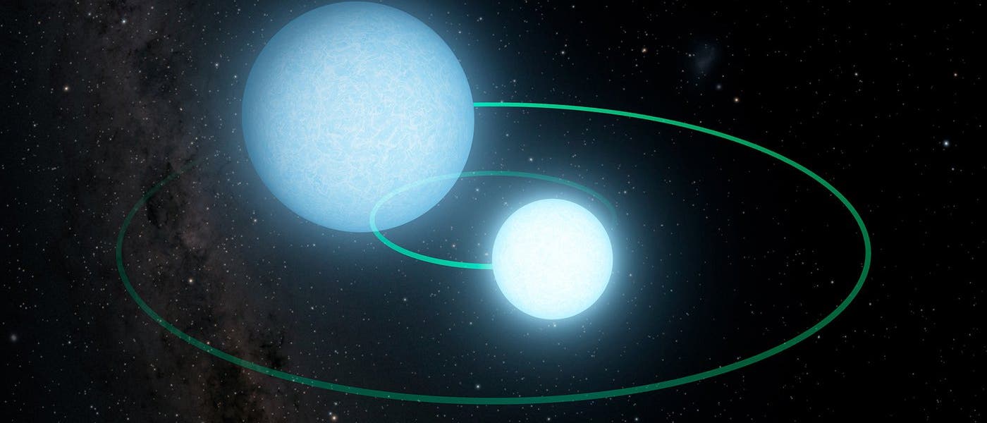 Darstellung eines Doppelsternsystems im Weltraum. Zwei leuchtende, blaue Sterne sind von grünen Umlaufbahnen umgeben, die ihre Bewegung zueinander veranschaulichen. Der Hintergrund zeigt einen sternenreichen Nachthimmel mit der Milchstraße. Das Bild vermittelt die Dynamik und Struktur eines binären Sternsystems. Darstellung eines Doppelsternsystems im Weltraum. Zwei leuchtende, blaue Sterne sind von grünen Umlaufbahnen umgeben, die ihre Bewegung zueinander veranschaulichen. Der Hintergrund zeigt einen sternenreichen Nachthimmel mit der Milchstraße. Das Bild vermittelt die Dynamik und Struktur eines binären Sternsystems.