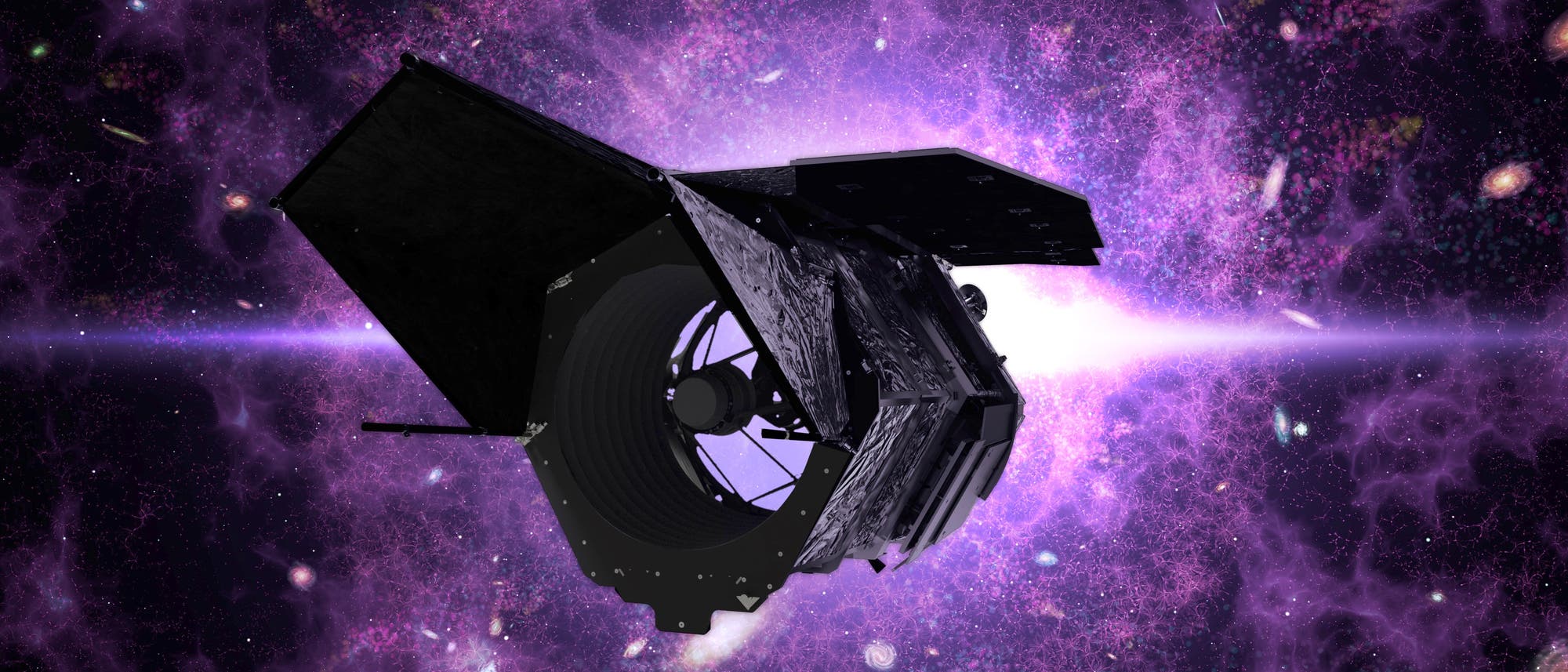Ein Weltraumteleskop schwebt im All vor einem Hintergrund aus violetten und rosa Galaxien und Nebeln. Das Teleskop ist detailliert dargestellt, mit einem großen Hauptspiegel und einer rechteckigen Struktur. Ein Weltraumteleskop schwebt im All vor einem Hintergrund aus violetten und rosa Galaxien und Nebeln. Das Teleskop ist detailliert dargestellt, mit einem großen Hauptspiegel und einer rechteckigen Struktur.