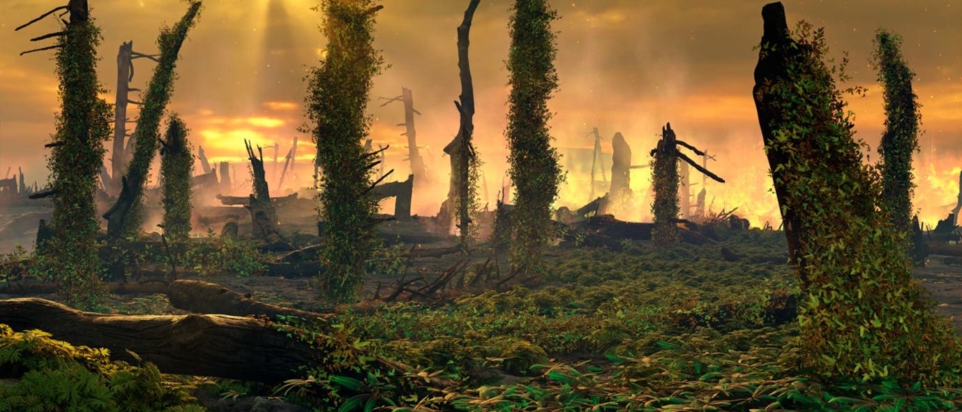 Eine 3D-Darstellung eines post-apokalyptischen Waldes bei Sonnenuntergang. Die Szene zeigt verkohlte Baumstämme, die mit spärlichem Laub bedeckt sind, und einen dichten Bodenbewuchs. Im Hintergrund sind Sonnenstrahlen zu sehen, die durch eine dunstige Atmosphäre brechen, was eine mystische und verlassene Stimmung erzeugt. Eine 3D-Darstellung eines post-apokalyptischen Waldes bei Sonnenuntergang. Die Szene zeigt verkohlte Baumstämme, die mit spärlichem Laub bedeckt sind, und einen dichten Bodenbewuchs. Im Hintergrund sind Sonnenstrahlen zu sehen, die durch eine dunstige Atmosphäre brechen, was eine mystische und verlassene Stimmung erzeugt.