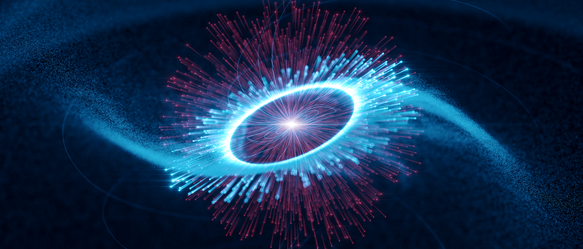 Diese Grafik soll den Vela-Pulsar darstellen. Ein hellblauer Wirbel symbolisiert schnelle Elektronen, die sich vom hellen Kern wegbewegen