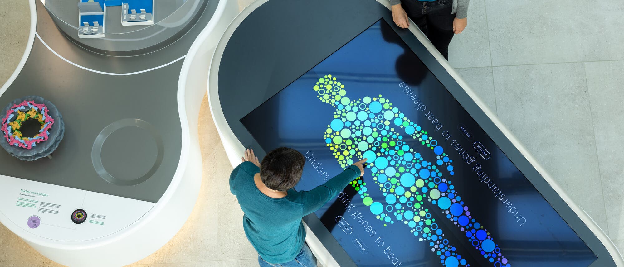 Zwei Personen stehen an einem interaktiven Tisch in einem Museum oder Wissenschaftszentrum. Auf dem Tisch ist eine digitale Darstellung eines menschlichen K&ouml;rpers aus bunten Kreisen zu sehen. Der Text auf dem Bildschirm lautet "Understanding genes to beat disease". Neben dem Tisch befindet sich ein weiteres Exponat mit wissenschaftlichen Modellen und Diagrammen. Die Szene vermittelt ein Gef&uuml;hl von Bildung und Interaktivit&auml;t im Bereich der Genforschung.