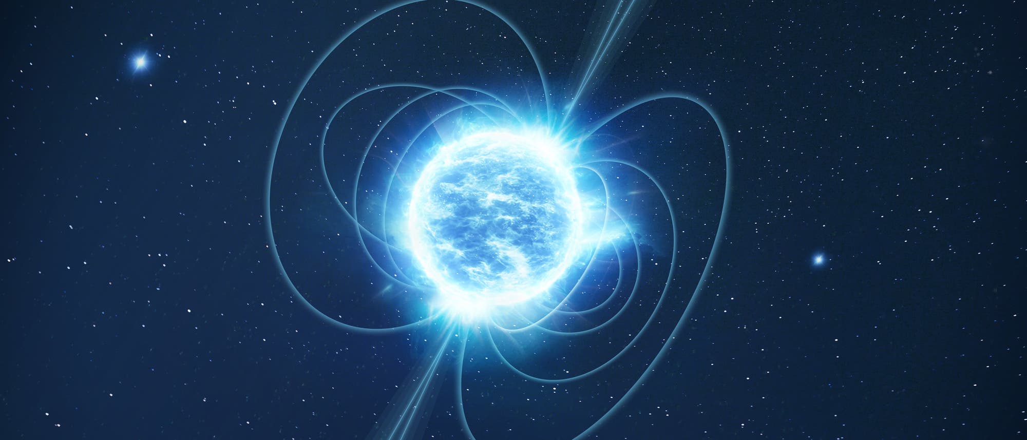 Representación artística de una estrella de neutrones como una bola azul sobre un fondo en el espacio lleno de estrellas brillantes. Hay líneas azules alrededor de la bola azul que deberían indicar líneas de campo magnético. Las estrellas de neutrones de rotación rápida se indican cómo pulsar. Representación artística de una estrella de neutrones como una bola azul sobre un fondo en el espacio lleno de estrellas brillantes. Hay líneas azules alrededor de la bola azul que deberían indicar líneas de campo magnético. Las estrellas de neutrones de rotación rápida se indican cómo pulsar.