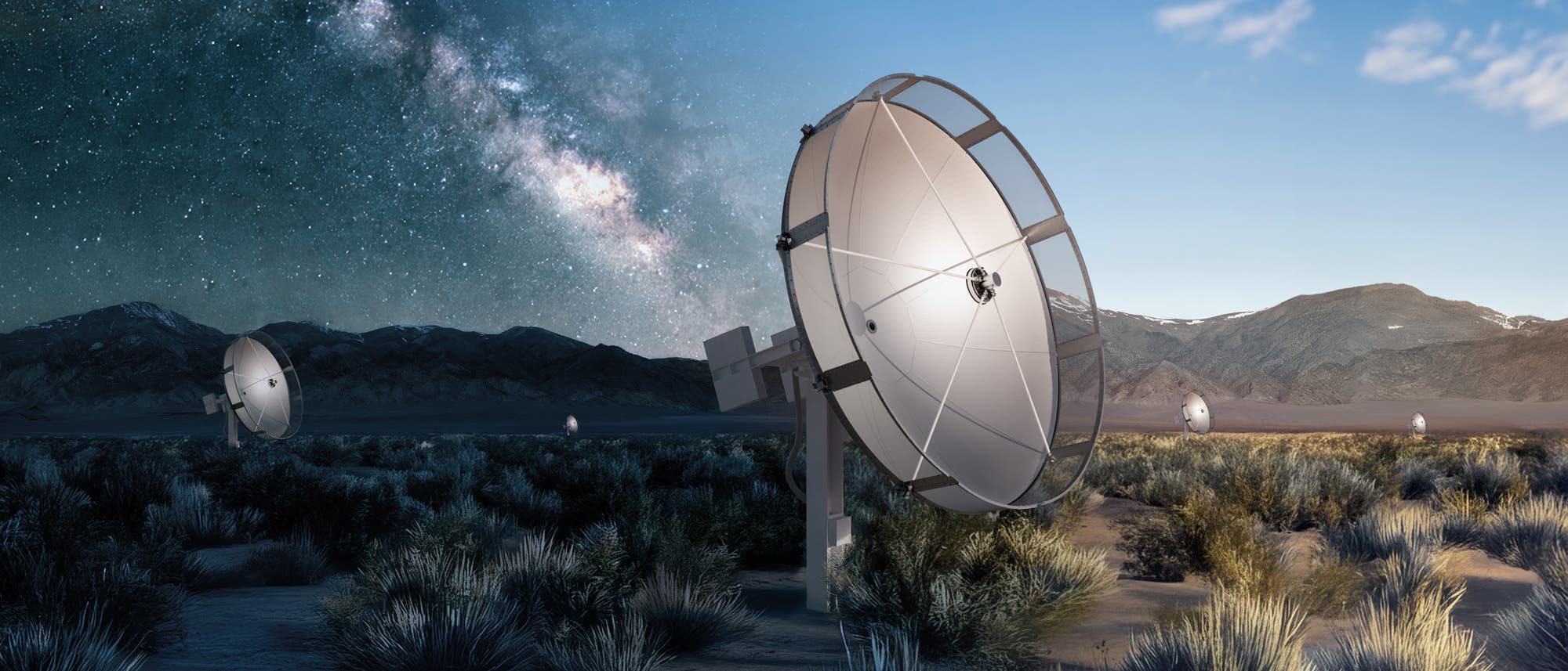 Eine Reihe von gro&szlig;en Satellitensch&uuml;sseln steht in einer W&uuml;stenlandschaft unter einem klaren Nachthimmel, der von der Milchstra&szlig;e durchzogen ist. Die Sch&uuml;sseln sind auf den Himmel ausgerichtet, um astronomische Daten zu sammeln. Im Hintergrund sind Berge zu sehen, die den Horizont begrenzen. Die Szene wechselt von Nacht zu Tag, was die kontinuierliche Beobachtung des Himmels symbolisiert. Schl&uuml;sselw&ouml;rter: Satellitensch&uuml;sseln, Milchstra&szlig;e, Astronomie, W&uuml;ste, Berge.