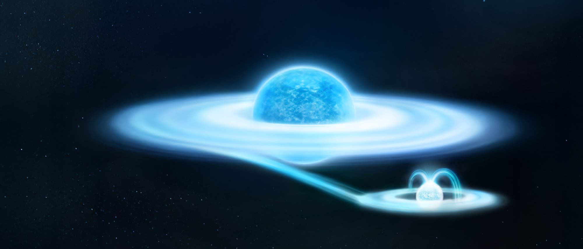 Impresión artística de una estrella azul de la secuencia principal con un anillo de acreción brillante que orbita alrededor de un objeto más pequeño y también brillante. El fondo muestra un espacio oscuro con estrellas dispersas. La escena ilustra la dinámica y la interacción entre los dos cuerpos celestes del universo.