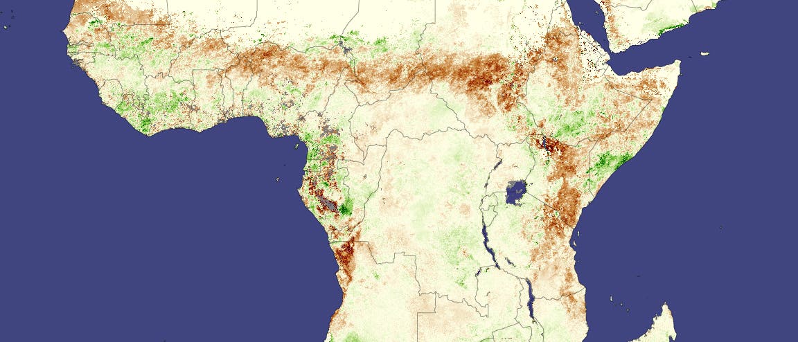 Südlich der Sahara durchzieht ein Band fruchtbaren Graslands Afrika: die Sahelzone. Fällt dort zu wenig Regen, kommt es leicht zu Dürren. So wie im Juni 2009, als saisonale Niederschläge ausblieben und Pflanzen vielerorts deutlich langsamer wuchsen als in den fünf Jahren zuvor (braune Farbtöne).