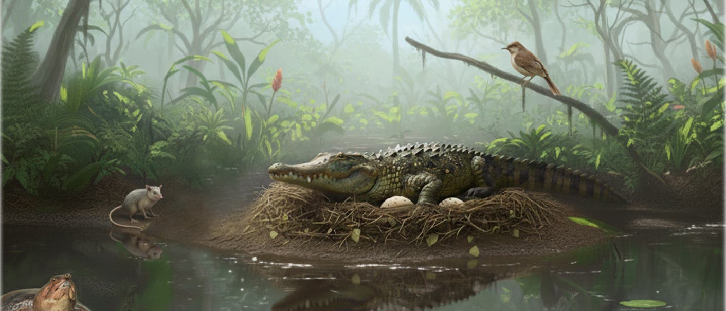 Illustration einer tropischen Sumpflandschaft mit einem Krokodil, das auf einem Nest mit Eiern ruht. Ein Vogel sitzt auf einem Ast über dem Wasser, während ein Beuteltier am Ufer steht. Im Hintergrund sind dichte Vegetation und Bäume zu sehen, die eine ruhige, natürliche Umgebung schaffen.