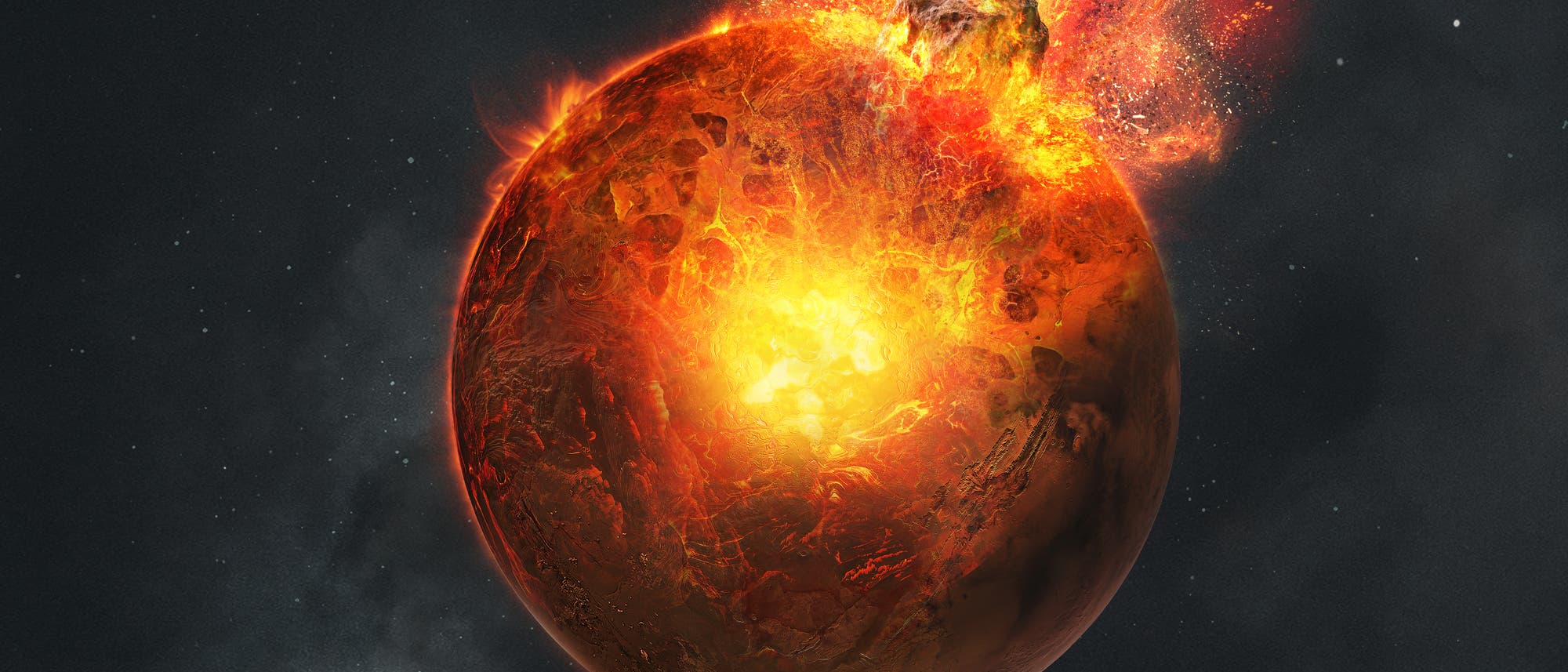 Eine k&uuml;nstlerische Darstellung eines astronomischen Ereignisses, bei dem ein Meteorit mit einem Planeten kollidiert. Der Planet zeigt eine leuchtend orange-rote Oberfl&auml;che mit einem gro&szlig;en, hellen Explosionspunkt, der Flammen und gl&uuml;hende Partikel in den Weltraum schleudert. Der Hintergrund ist ein dunkler, sternenbedeckter Himmel, der die Weite des Universums andeutet.