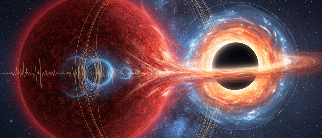Impresión artística de una estrella roja atraída por un agujero negro. La estrella muestra un puente visible de materia que fluye hacia el agujero negro, rodeado por un brillante anillo de acreción. Al fondo se pueden ver estrellas y galaxias. Las líneas onduladas simbolizan las ondas gravitacionales creadas por la interacción. La imagen ilustra la dinámica y los procesos físicos en un sistema binario formado por una estrella y un agujero negro.