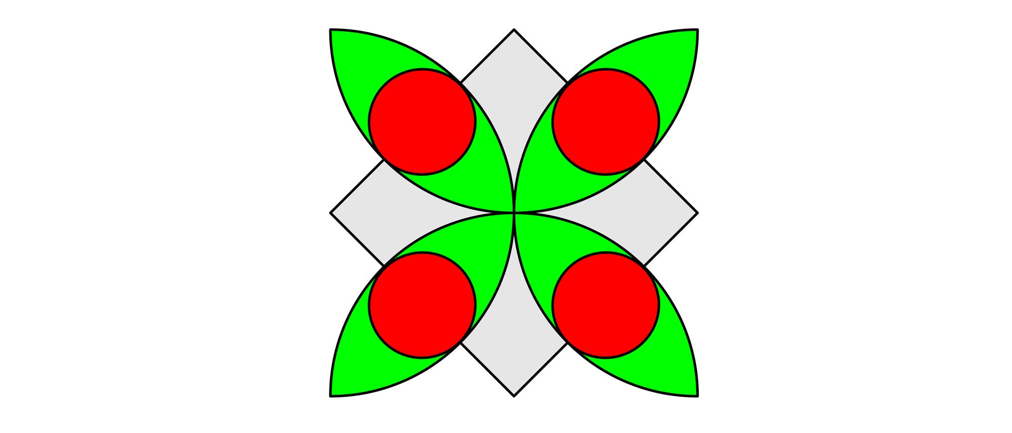 Eine geometrische Skizze zeigt ein symmetrisches Muster aus vier roten Kreisen, die jeweils in einem gr&uuml;nen, blattf&ouml;rmigen Segment platziert sind. Diese Segmente sind um eine zentrale, rautenf&ouml;rmige Fl&auml;che in Grau angeordnet. Das Design erinnert an ein stilisiertes Blumenmuster.
