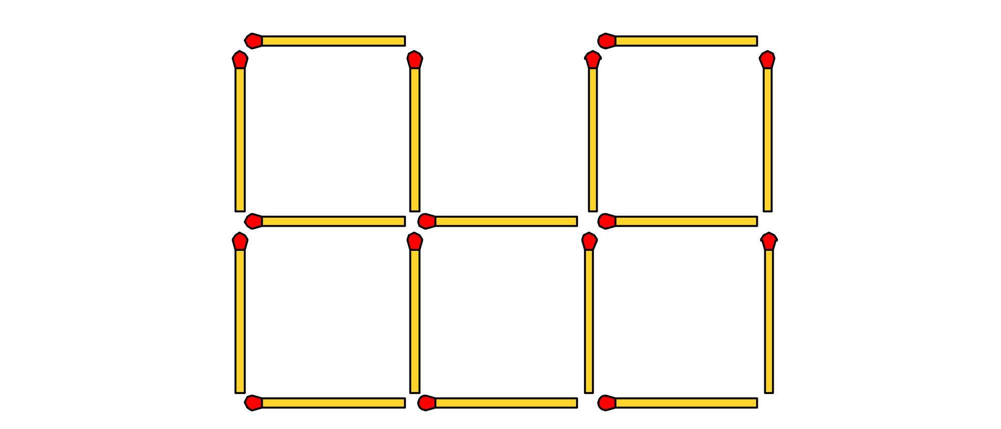 Eine Skizze zeigt ein Gitter aus Streichh&ouml;lzern, die sechs gleich gro&szlig;e Quadrate bilden. Die Streichh&ouml;lzer sind so angeordnet, dass sie die Umrisse der Quadrate definieren, wobei die K&ouml;pfe der Streichh&ouml;lzer an den Ecken sichtbar sind. Die Anordnung ist symmetrisch und gleichm&auml;&szlig;ig verteilt.
