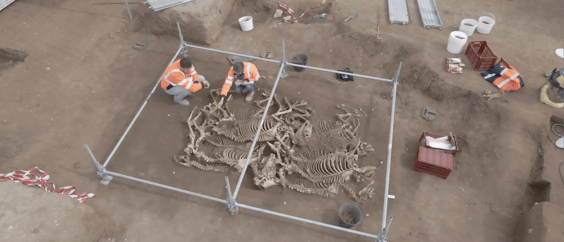 Ausgrabung einer Grube mit gallischen Pferdeskeletten im französischen Villedieu-sur-Indre.