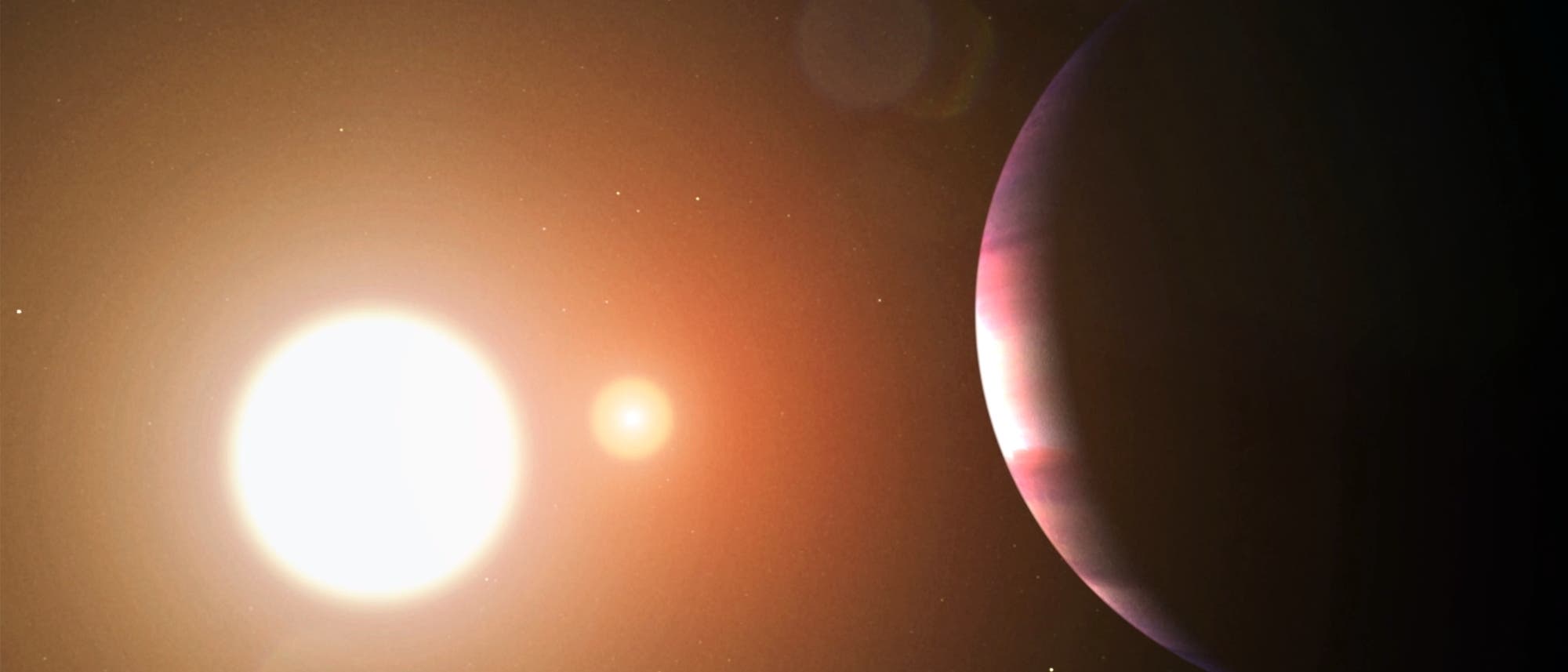 Eine k&uuml;nstlerische Darstellung eines Exoplaneten, der einen hellen Stern umkreist. Der Stern leuchtet intensiv auf der linken Seite des Bildes, w&auml;hrend der Exoplanet rechts teilweise im Schatten liegt. Der Hintergrund zeigt einen dunklen Weltraum mit vereinzelten Lichtpunkten, die Sterne darstellen. Die Szene vermittelt den Eindruck von Tiefe und Weite im Universum.