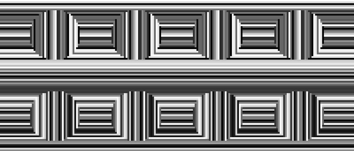 Die Coffer-Illusion ist eine optische Täuschung. Sie zeigt ein schwarz-weißes geometrisches Muster mit vertikalen Streifen, die in regelmäßigen Abständen durch runde und rechteckige Formen unterbrochen werden. Die Streifen variieren in Breite und Schattierung, was einen optischen Effekt erzeugt.