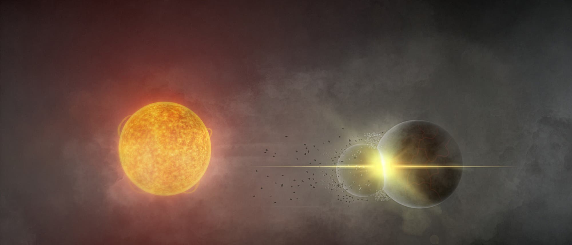Illustration eines astronomischen Ereignisses: Links ist eine leuchtende, gelbe Sonne zu sehen, die Licht und W&auml;rme abstrahlt. Rechts davon befindet sich ein dunkler Planet, der teilweise von einem hellen Lichtstrahl beleuchtet wird, der von der Sonne ausgeht. Zwischen Sonne und Planet sind kleine Partikel oder Tr&uuml;mmer sichtbar, die durch den Raum schweben. Die Szene ist in einem nebligen, kosmischen Hintergrund eingebettet.
