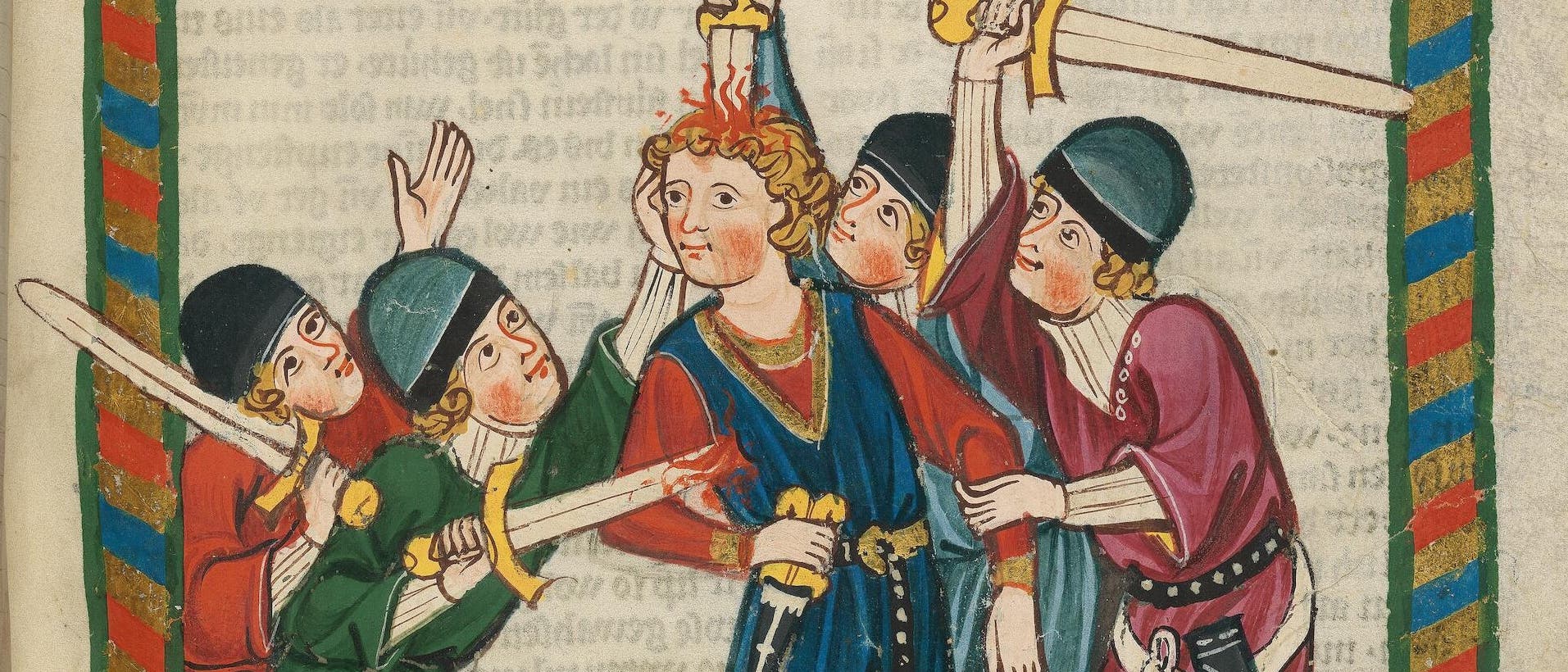Eine mittelalterliche Illustration zeigt fünf Männer in bunter Kleidung, die Schwerter tragen. Einer der Männer stößt dem Mann in der Mitte sein Schwert in den Kopf, während ein anderer ihm sein Schwert in die Brust stößt. Die Szene ist an den Seiten von einem bunten Rahmen umgeben. Eine mittelalterliche Illustration zeigt fünf Männer in bunter Kleidung, die Schwerter tragen. Einer der Männer stößt dem Mann in der Mitte sein Schwert in den Kopf, während ein anderer ihm sein Schwert in die Brust stößt. Die Szene ist an den Seiten von einem bunten Rahmen umgeben.