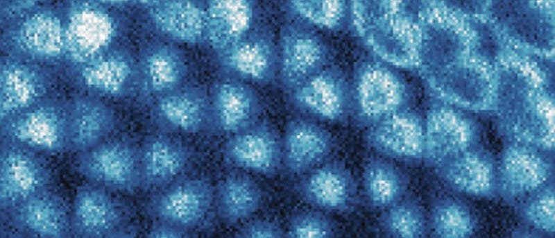 Diese rastertunnelmikroskopische Aufnahme eines Graphenblatts zeigt, dass sich ein Wignerkristall – eine wabenförmige Anordnung von Elektronen – in einer darunter liegenden Schichtstruktur gebildet hat.