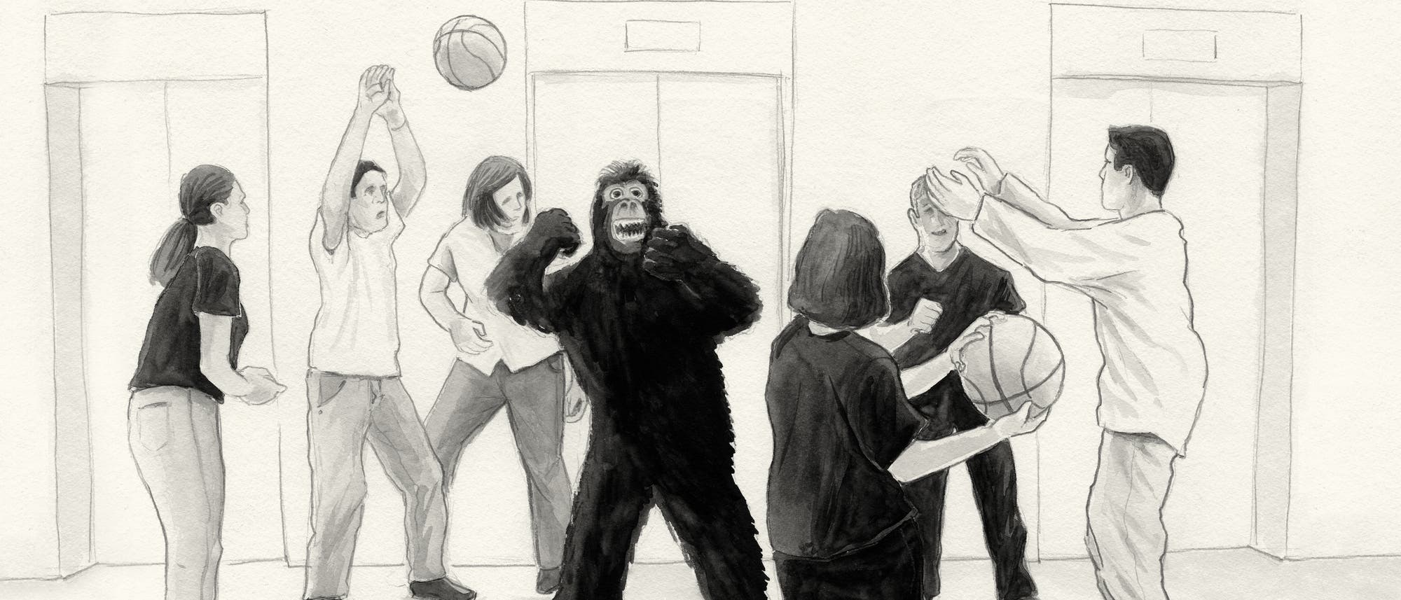 Eine Zeichnung des Gorilla-Experiments der Psychologen Daniel Simons und Christopher Chabris.