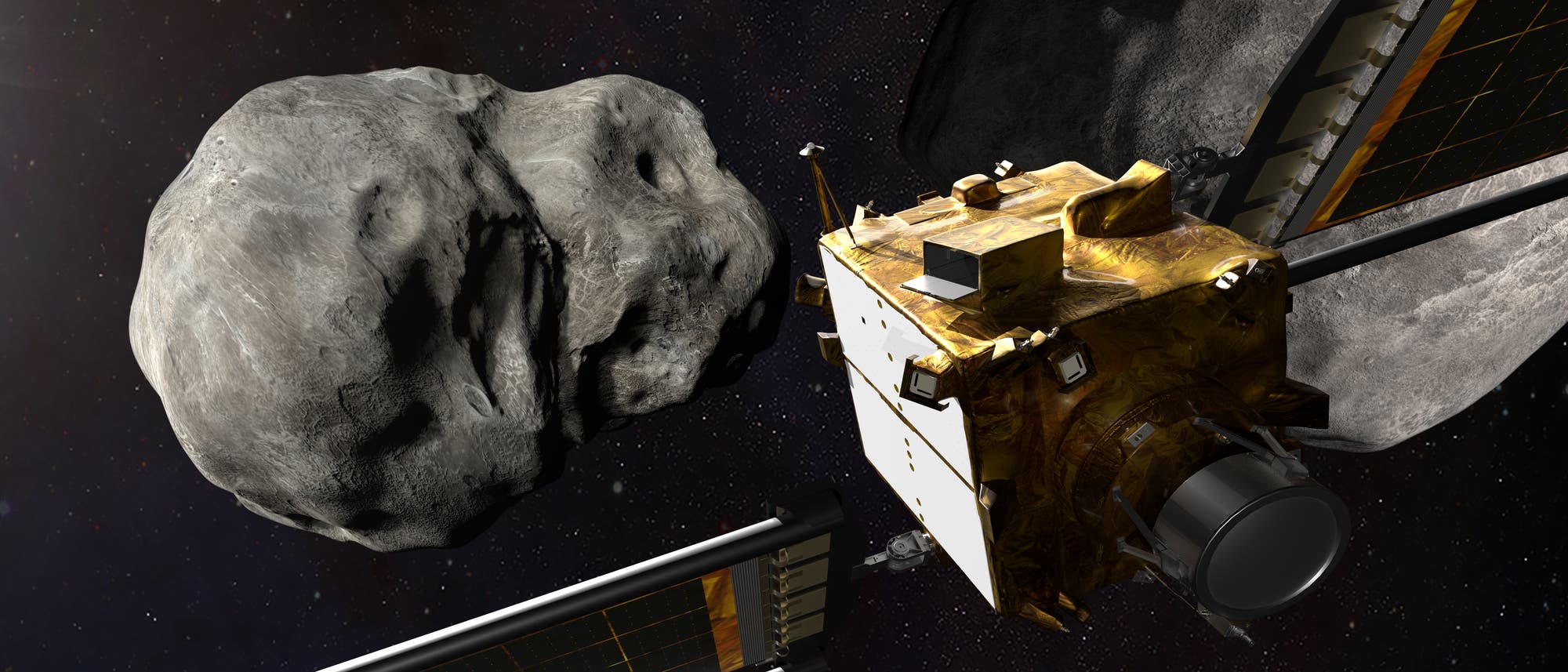 Illustration der DART-Sonde vor dem Minimond des Asteroiden Didymos. 