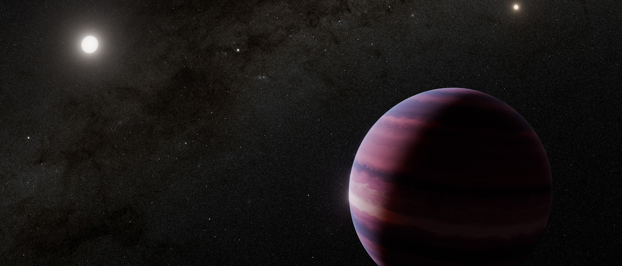 Representación del concepto de un exoplaneta en el espacio. El planeta es grande y tiene un color violeta rojizo con rayas visibles. Se pueden ver numerosas estrellas y una galaxia en el fondo. Dos fuentes de luz intensa, presumiblemente estrellas, brillan en la distancia. El texto está en la parte inferior izquierda "Concepto del artista". Representación del concepto de un exoplaneta en el espacio. El planeta es grande y tiene un color violeta rojizo con rayas visibles. Se pueden ver numerosas estrellas y una galaxia en el fondo. Dos fuentes de luz intensa, presumiblemente estrellas, brillan en la distancia. El texto está en la parte inferior izquierda "Concepto del artista".