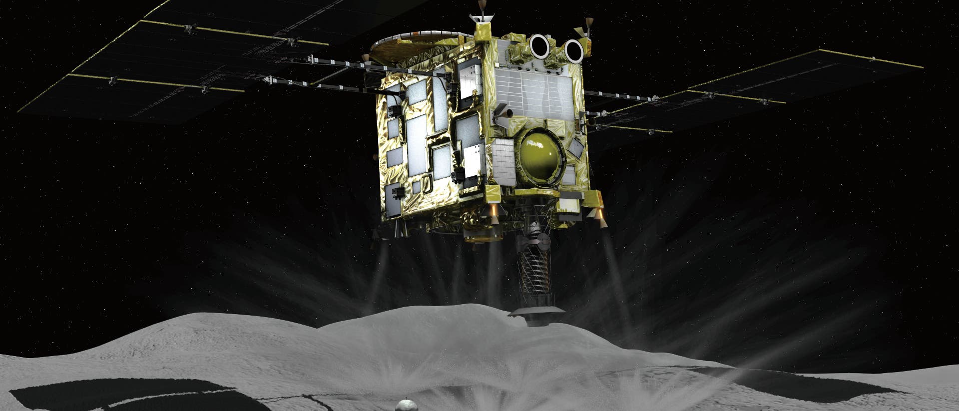 Raumsonde Hayabusa2 über der Oberfläche von Ryugu (Illustration)
