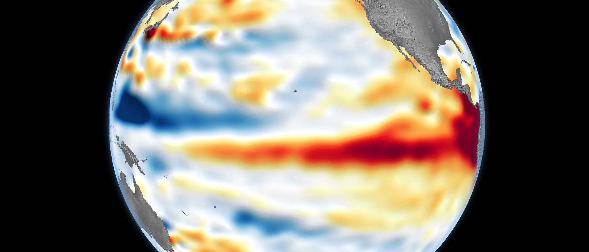 Darstellung einer geografischen Karte des Pazifischen Ozeans, die Temperaturabweichungen der Meeresoberfläche zeigt. Die Karte hebt Bereiche mit erhöhten Temperaturen in Rot und niedrigeren Temperaturen in Blau hervor, insbesondere entlang des Äquators. Diese Darstellung könnte auf ein El Niño-Phänomen hinweisen. Die Küstenlinien von Nord- und Südamerika sind im Hintergrund sichtbar. Darstellung einer geografischen Karte des Pazifischen Ozeans, die Temperaturabweichungen der Meeresoberfläche zeigt. Die Karte hebt Bereiche mit erhöhten Temperaturen in Rot und niedrigeren Temperaturen in Blau hervor, insbesondere entlang des Äquators. Diese Darstellung könnte auf ein El Niño-Phänomen hinweisen. Die Küstenlinien von Nord- und Südamerika sind im Hintergrund sichtbar.