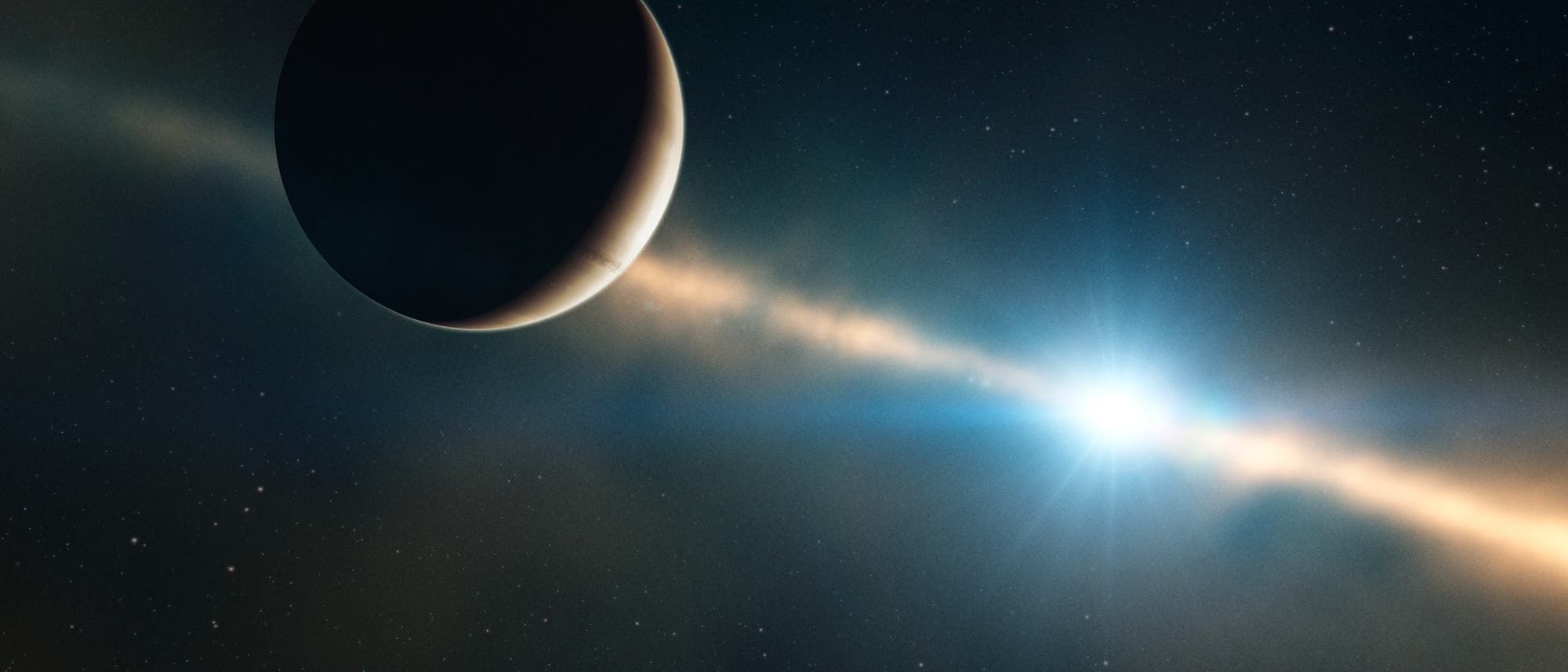 Ein astronomisches Bild zeigt einen Planeten im Vordergrund, der teilweise im Schatten liegt. Im Hintergrund ist ein heller Stern zu sehen, der von einer leuchtenden Staubscheibe umgeben ist. Der Stern strahlt intensiv und erzeugt einen Lichtschein, der die Umgebung erhellt. Der Himmel ist mit zahlreichen kleinen Sternen übersät, die eine tiefschwarze Kulisse bilden. Das Bild vermittelt den Eindruck von Tiefe und Weite im Weltraum. Ein astronomisches Bild zeigt einen Planeten im Vordergrund, der teilweise im Schatten liegt. Im Hintergrund ist ein heller Stern zu sehen, der von einer leuchtenden Staubscheibe umgeben ist. Der Stern strahlt intensiv und erzeugt einen Lichtschein, der die Umgebung erhellt. Der Himmel ist mit zahlreichen kleinen Sternen übersät, die eine tiefschwarze Kulisse bilden. Das Bild vermittelt den Eindruck von Tiefe und Weite im Weltraum.