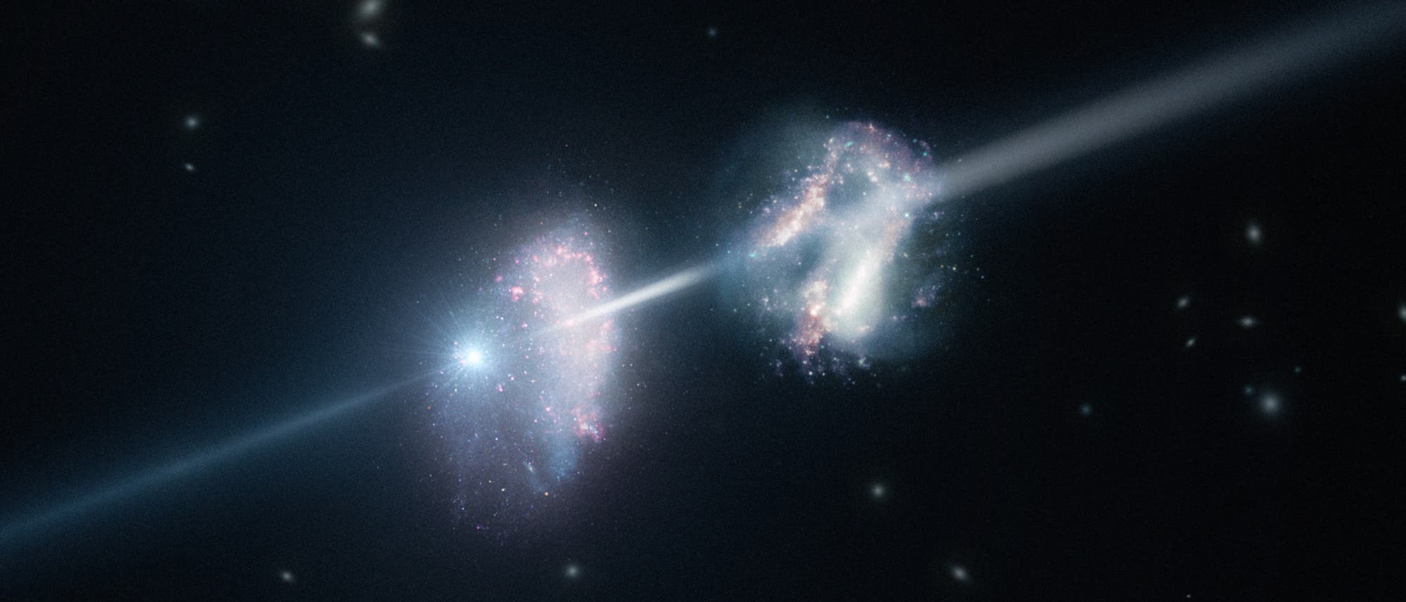 Künstlerische Darstellung der beiden vom Gammastrahlenausbruch durchleuchteten Galaxien.