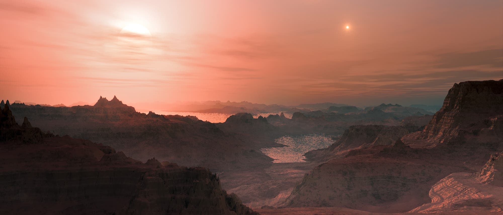 Künstlerische Darstellung eines Sonnenunterganges auf dem Exoplaneten Gliese 667Cc