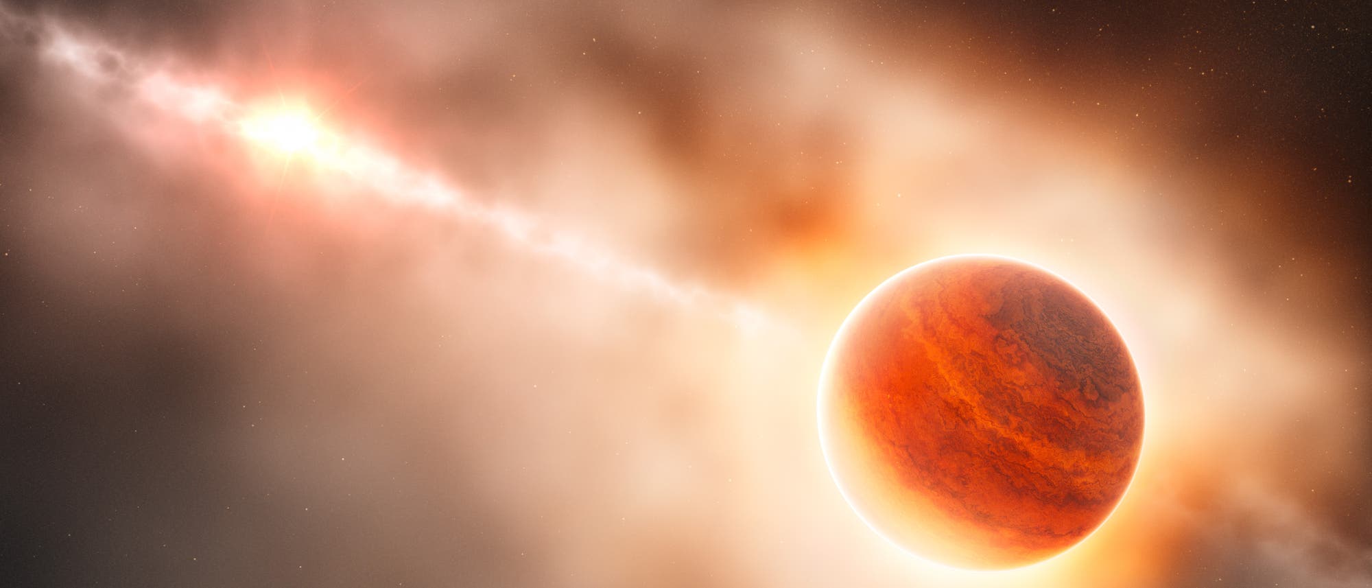 So kann man sich die Entstehung eines jupiterähnlichen Planeten in der dichten Scheibe aus Gas und Staub um den Stern HD 100546 vorstellen. Der junge Planet sammelt noch Materie auf und wird dabei stark aufgeheizt, so dass er rot glüht.