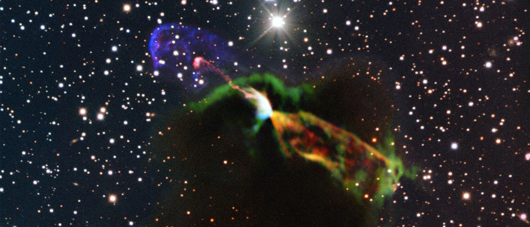 Das Herbig-Haro-Objekt HH 46/47 im Sternbild Segel (Komposit aus otischem und Submillimeterwelleb-Bildern)