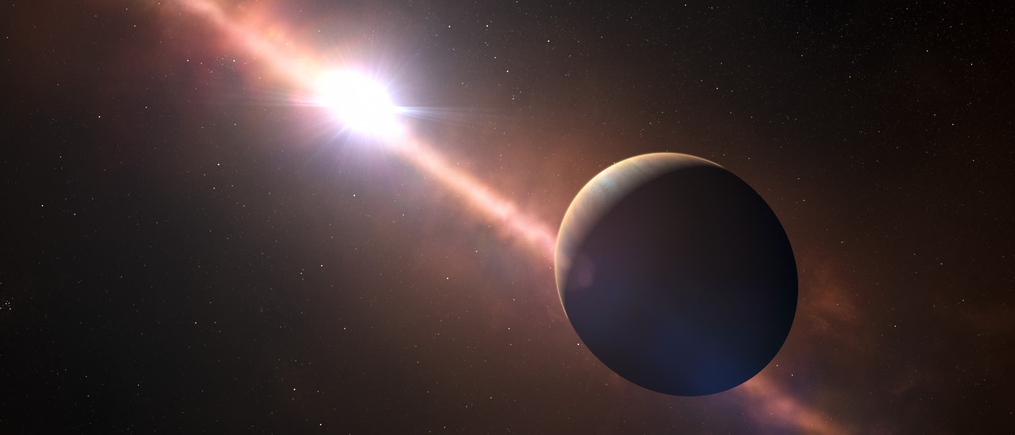 Eine künstlerische Darstellung eines Exoplaneten, der vor einem hellen Stern vorbeizieht. Der Stern strahlt intensiv und ist von einer leuchtenden Staubscheibe umgeben. Der Planet erscheint als dunkle Silhouette im Vordergrund. Im Hintergrund ist ein Sternenfeld zu sehen. Das Bild veranschaulicht die Dynamik eines Planetentransits in einem fernen Sonnensystem. Eine künstlerische Darstellung eines Exoplaneten, der vor einem hellen Stern vorbeizieht. Der Stern strahlt intensiv und ist von einer leuchtenden Staubscheibe umgeben. Der Planet erscheint als dunkle Silhouette im Vordergrund. Im Hintergrund ist ein Sternenfeld zu sehen. Das Bild veranschaulicht die Dynamik eines Planetentransits in einem fernen Sonnensystem.
