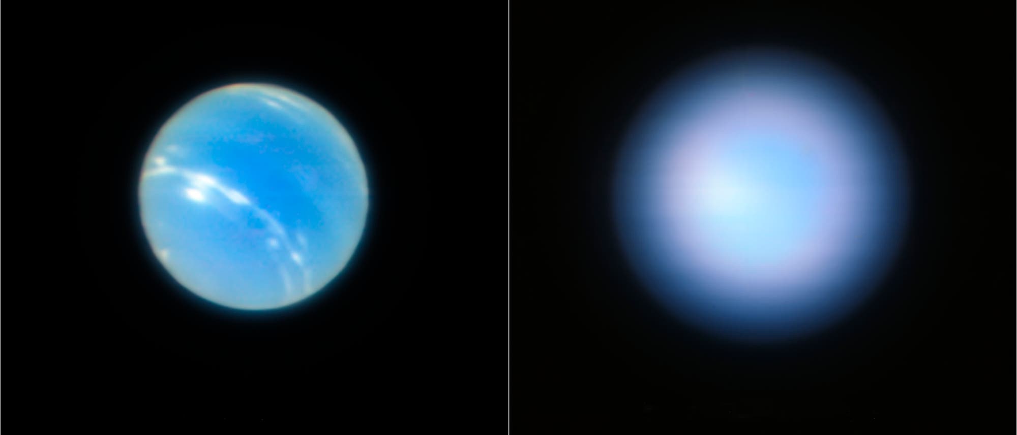 Neptun aufgenommen mit dem VLT - links mit, rechts ohne Adaptive Optik