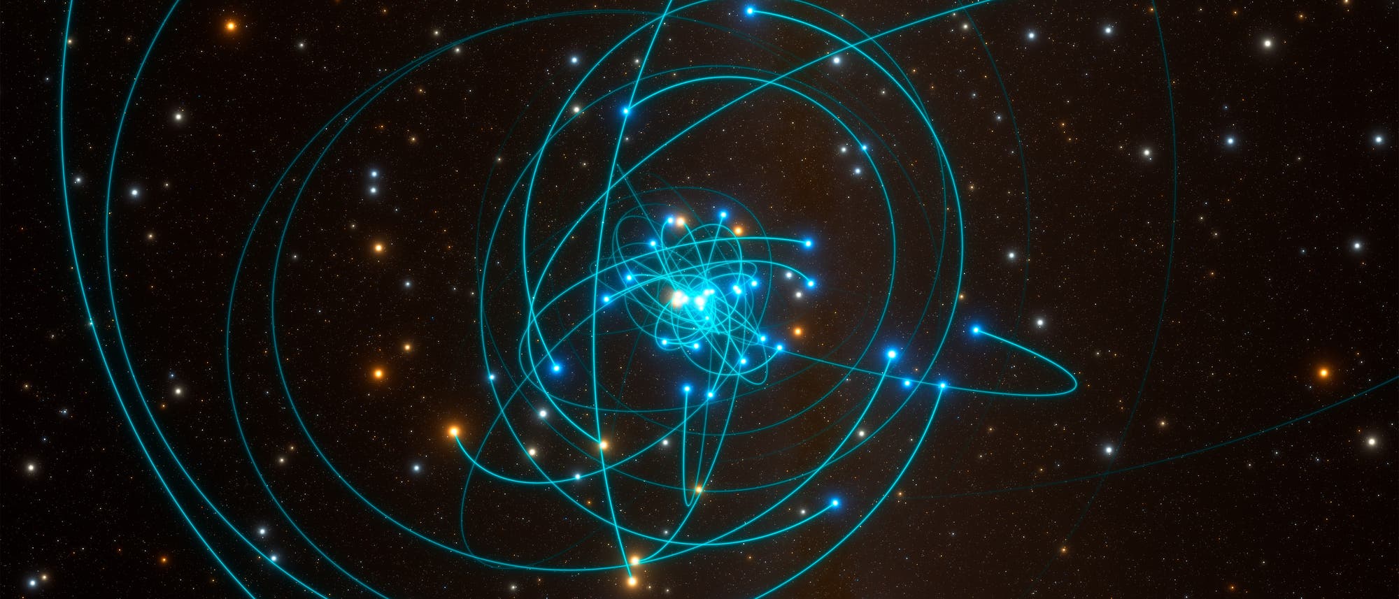 Die astronomische Darstellung zeigt die Umlaufbahnen von Sternen um ein unsichtbares Objekt, das zentrale Schwarze Loch im Herzen unserer Galaxis. Die Bahnen sind als leuchtende, blaue Linien dargestellt, die sich in einem dichten Muster um das Zentrum winden. Der Hintergrund ist mit zahlreichen Sternen in verschiedenen Farben übersät, die den Weltraum darstellen. Diese Visualisierung veranschaulicht die Dynamik und Gravitationseffekte in einem dichten Sternensystem. Die astronomische Darstellung zeigt die Umlaufbahnen von Sternen um ein unsichtbares Objekt, das zentrale Schwarze Loch im Herzen unserer Galaxis. Die Bahnen sind als leuchtende, blaue Linien dargestellt, die sich in einem dichten Muster um das Zentrum winden. Der Hintergrund ist mit zahlreichen Sternen in verschiedenen Farben übersät, die den Weltraum darstellen. Diese Visualisierung veranschaulicht die Dynamik und Gravitationseffekte in einem dichten Sternensystem.