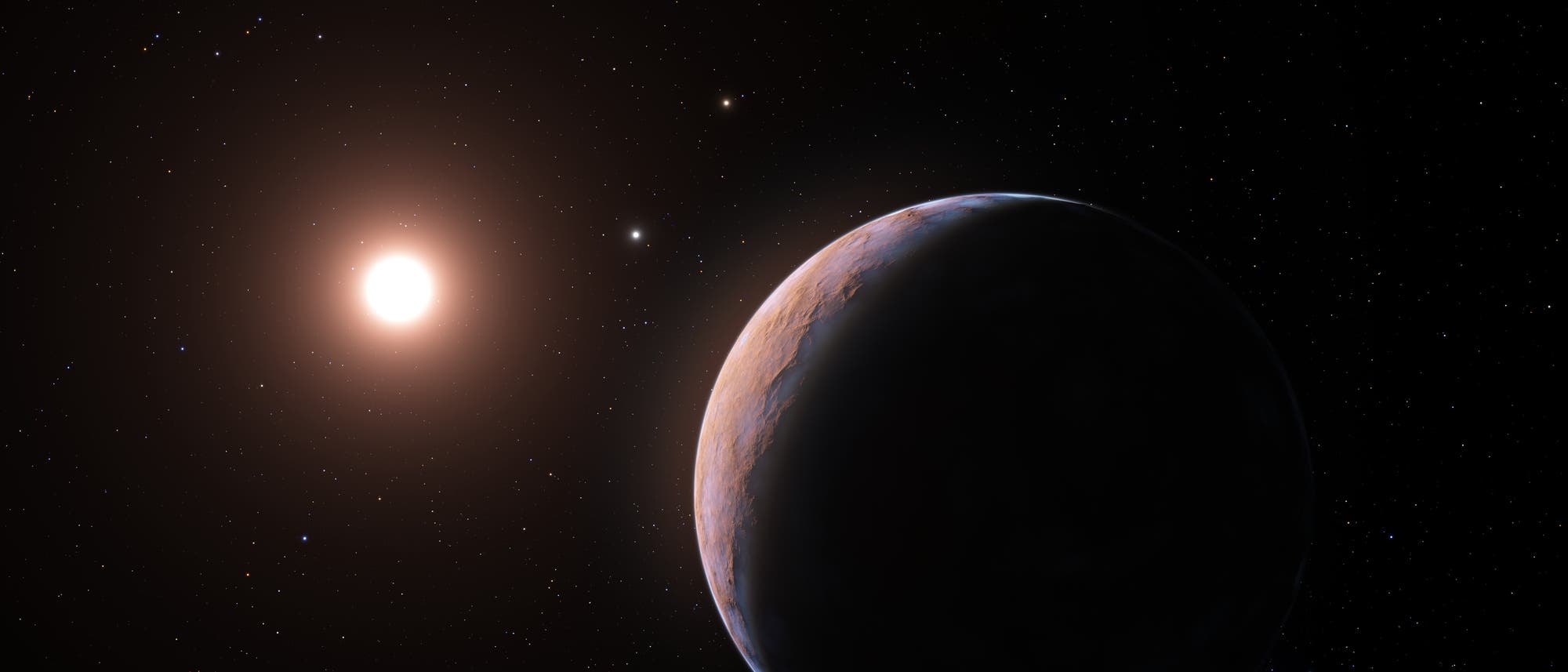 Darstellung eines Exoplaneten im Weltraum, beleuchtet von einem hellen Stern links im Bild. Der Planet zeigt eine teilweise beleuchtete Oberfl&auml;che mit sichtbaren Strukturen, w&auml;hrend der Rest im Schatten liegt. Im Hintergrund sind zahlreiche Sterne zu sehen, die den tiefen, dunklen Weltraum darstellen.