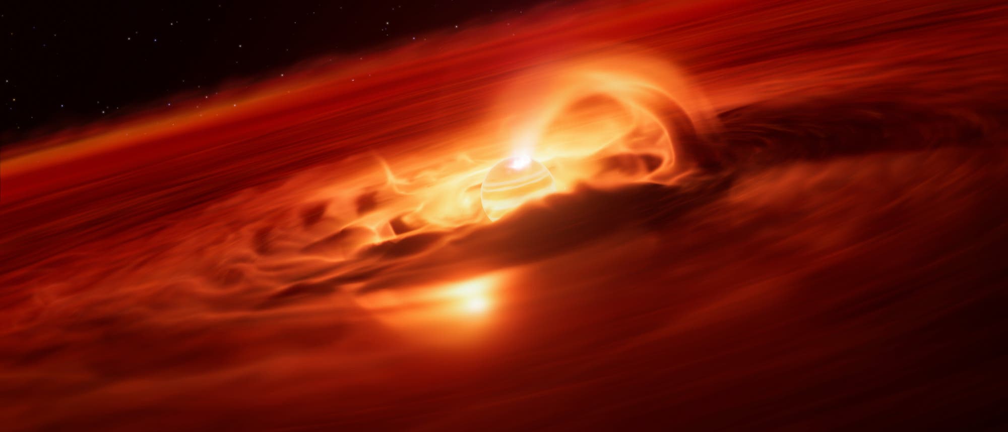 Ilustración de un planeta rodeado por un disco de acreción giratorio y brillante de gas y polvo. La escena presenta intensos tonos naranja y rojo, que representan el calor y la energía del proceso. Al fondo se ven estrellas en el espacio. Esta representación ilustra el crecimiento de un planeta y la dinámica de la materia que lo rodea. Ilustración de un planeta rodeado por un disco de acreción giratorio y brillante de gas y polvo. La escena presenta intensos tonos naranja y rojo, que representan el calor y la energía del proceso. Al fondo se ven estrellas en el espacio. Esta representación ilustra el crecimiento de un planeta y la dinámica de la materia que lo rodea.