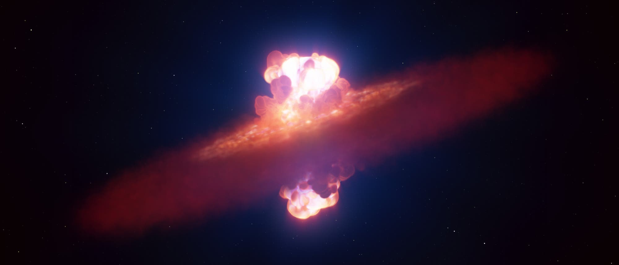 Eine Illustration eines astronomischen Ereignisses im Weltraum. Im Zentrum des Bildes befindet sich eine leuchtende Explosion, die von einer rot-orangefarbenen Wolke umgeben ist. Diese Wolke erstreckt sich horizontal und bildet eine Scheibe. Die Explosion strahlt helles Licht aus, das in verschiedenen Farbtönen von Weiß bis Rosa leuchtet. Der Hintergrund ist ein dunkler Weltraum mit verstreuten Sternen. Das Bild vermittelt den Eindruck einer gewaltigen kosmischen Explosion, möglicherweise eine Supernova oder ein ähnliches Phänomen.