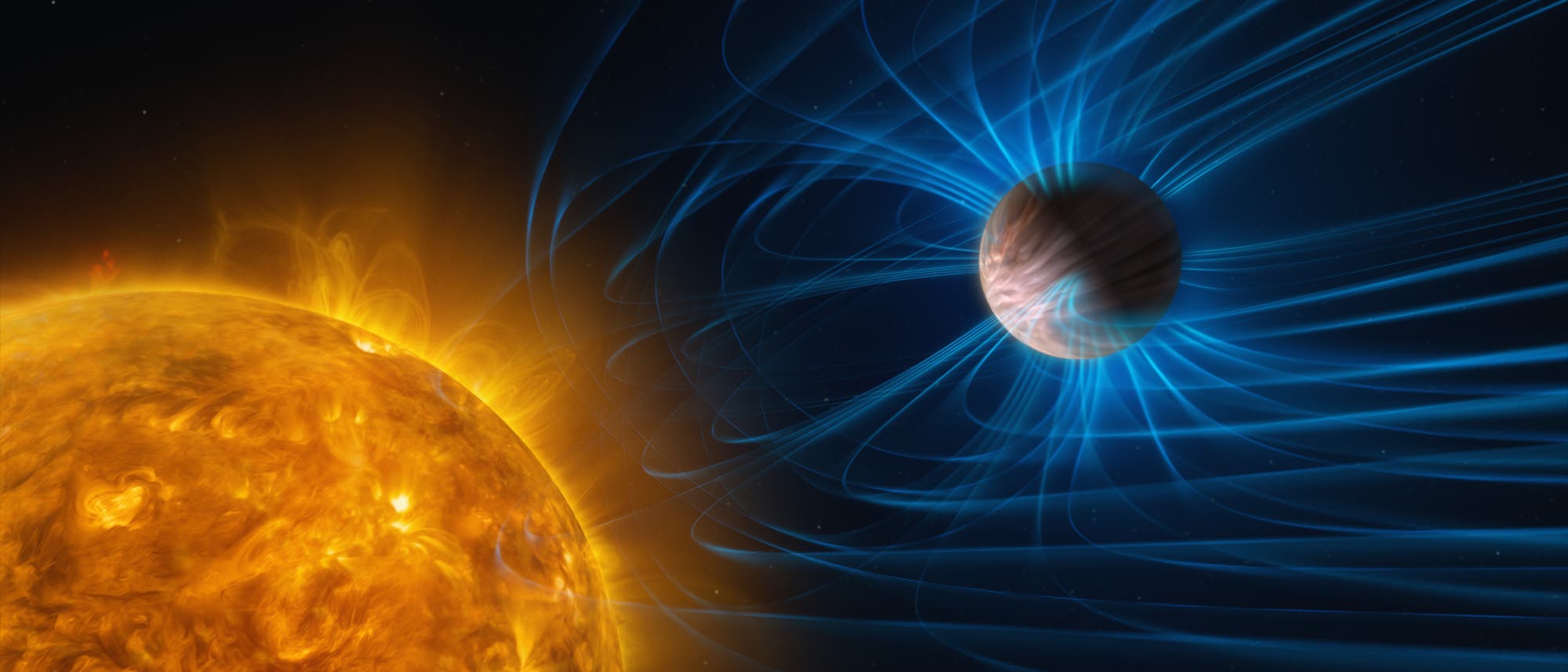 Ein astronomisches Szenario: Ein leuchtender gelber Stern auf der linken Seite und ein Planet auf der rechten Seite sind umgeben von blauen Magnetfeldlinien. Die Magnetfeldlinien zeigen die Interaktion zwischen dem Stern und dem Planeten. Der Hintergrund ist dunkel und verst&auml;rkt den Kontrast zu den leuchtenden Farben des Sterns und der Magnetfeldlinien.