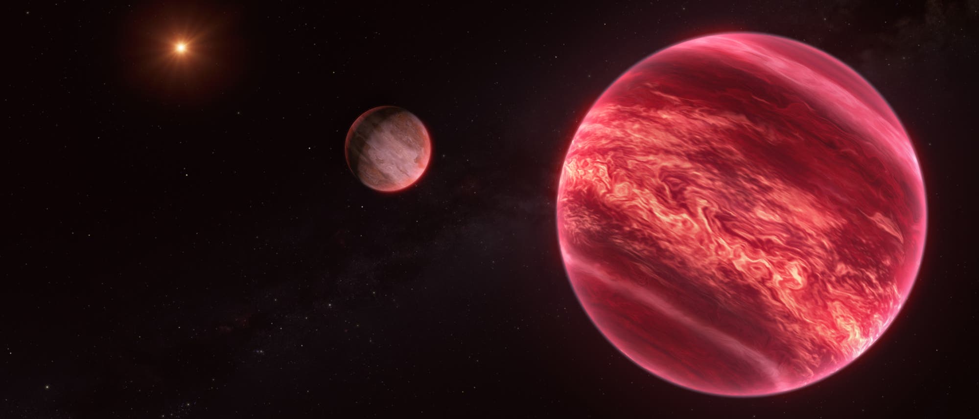 Illustration eines astronomischen Szenarios mit zwei Planeten und einem Stern im Hintergrund. Der vordere Planet ist groß und zeigt eine rot gefärbte, wolkige Atmosphäre. Der kleinere Planet befindet sich weiter entfernt und hat eine graue Oberfläche. Der Stern leuchtet orange und ist von einem Sternenfeld umgeben. Das Bild vermittelt den Eindruck eines fernen Sonnensystems. Illustration eines astronomischen Szenarios mit zwei Planeten und einem Stern im Hintergrund. Der vordere Planet ist groß und zeigt eine rot gefärbte, wolkige Atmosphäre. Der kleinere Planet befindet sich weiter entfernt und hat eine graue Oberfläche. Der Stern leuchtet orange und ist von einem Sternenfeld umgeben. Das Bild vermittelt den Eindruck eines fernen Sonnensystems.