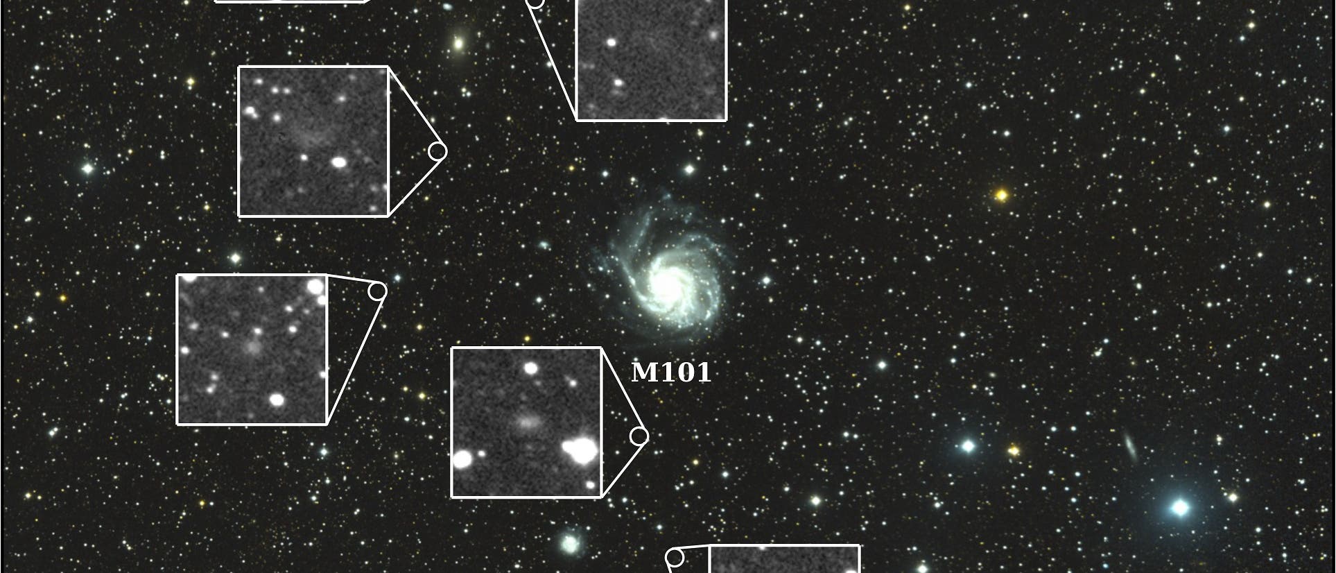 Die Umgebung der Spiralgalaxie Messier 101 im Sternbild Großer Bär (Aufnahme mit dem Dragonfly Telphoto Array)