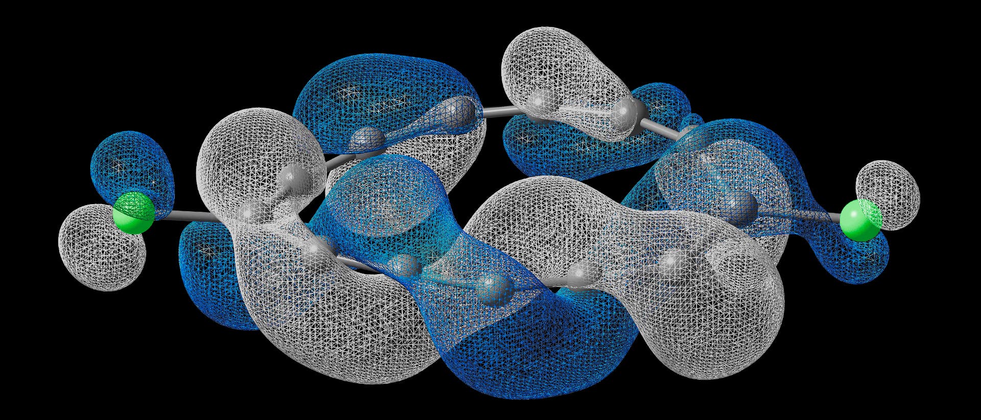 3D-Darstellung einer Proteinstruktur mit kugelf&ouml;rmigen Atomen, die durch St&auml;be verbunden sind. Die Struktur zeigt eine komplexe Anordnung von grauen, blauen und gr&uuml;nen Bereichen, die die r&auml;umliche Anordnung und m&ouml;gliche Bindungsstellen des Proteins veranschaulichen. Die blauen und wei&szlig;en Netze umgeben die Atome und heben die Elektronendichte hervor. Der Hintergrund ist schwarz, um die Struktur hervorzuheben.